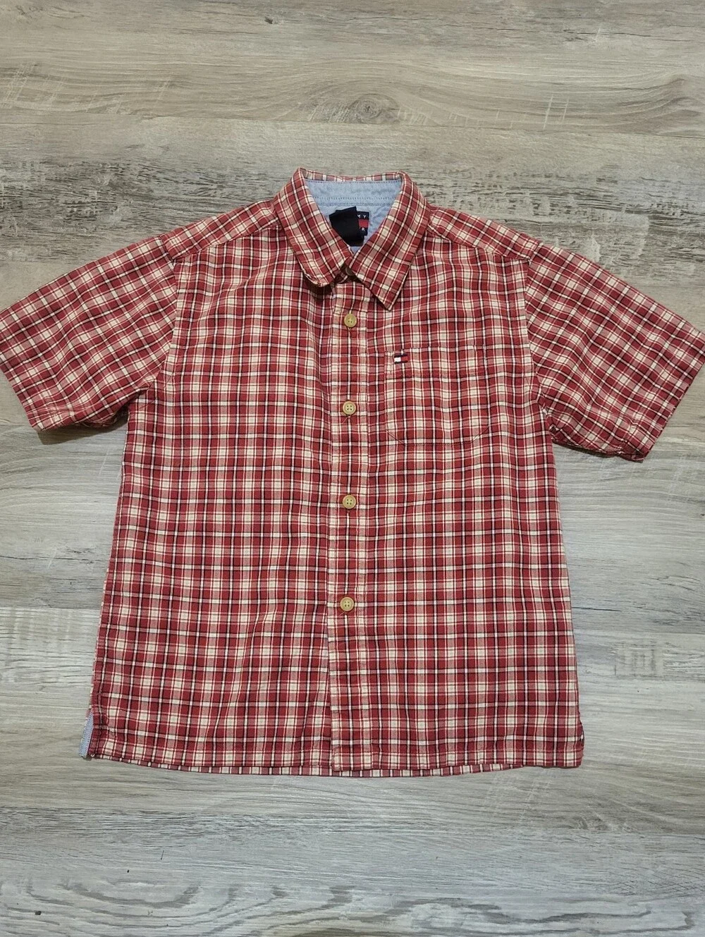 🩷Y2K Boys Tommy Hilfiger Red &White Plaid Short-Sleeve Size 7Y